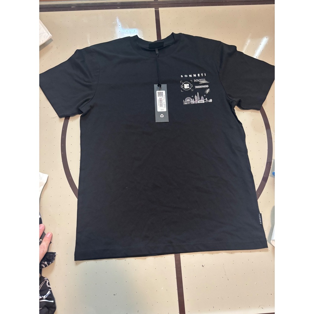 132 Sonneti London Flex Tee Black Graphic T-Shirt SNM13302 Mens Medium NWT